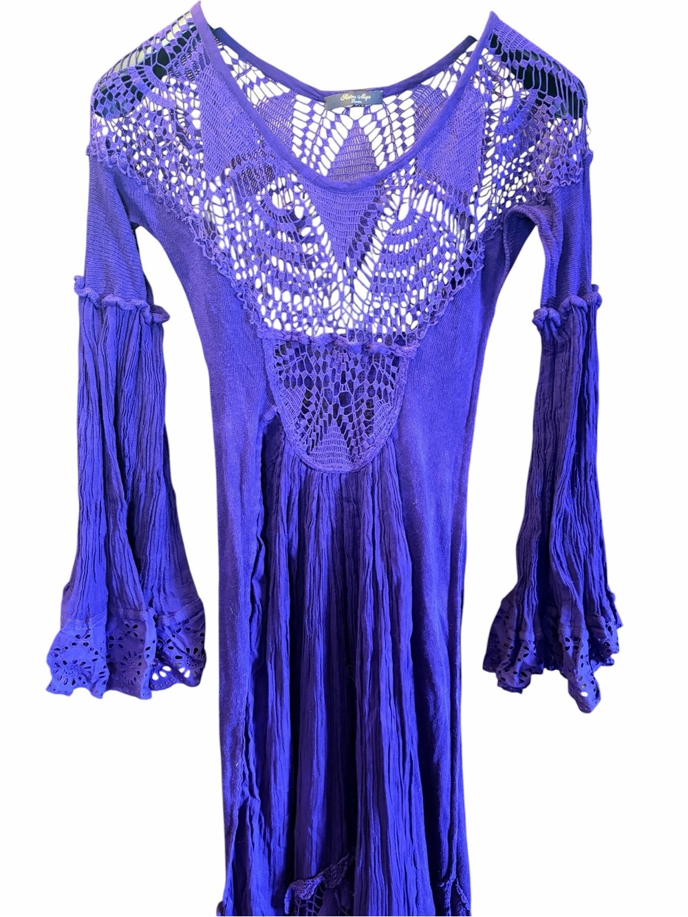 Rare! Sestra Moja Honeywood Vintage Handmade Crochet Bell Sleeve Maxi Dress Tall - Picture 3 of 17